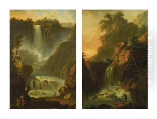 A View Of The Cascata Delle Mamore, Near Terni, Outside Rome, With A Group Of Elegantly Dressed Figures Picnicking In The Foreground And Fishermen By The Water's Edge; And A View Of The Large Cascade With Fishermen In The Foreground, A House Atop The Clif - view 1