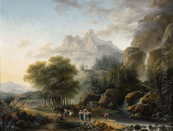 A Mountainous Landscape With A Lake And Anglers (+ A Mountainous Landscape With A Waterfall; 2 Works) - view 1