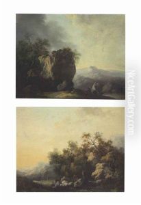 A Rocky Landscape With Fishermen Pulling A Boat Ashore; A Rocky Landscape With Figures Standing Beside A Stream (pair) by Claude Louis Chatelet