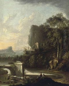A Wooded River Landscape With Drovers Beside Classical Ruins, A Village Beyond
