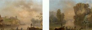 Pecheurs Sur La Riviere Au Bord De La Cascade (+ Pecheurs Sur La Riviere Pres D'un Vieux Chateau, Lrgr; 2 Works) by Claude Louis Chatelet