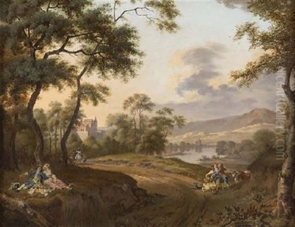 A Wooded Country Path With Figures Picnicing And An Amorous Couple Tending Sheep - view 1