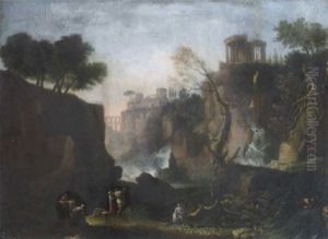 A Capriccio Landscape With Figures By A Waterfall And Classical Ruins Beyond by Claude Louis Chatelet
