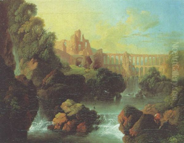 A Classical Landscape With A Waterfall Before An Aqueduct And Peasants In The Foreground - view 1