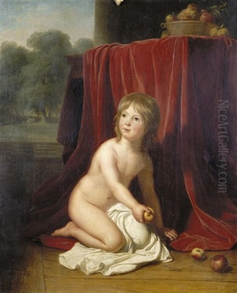 Portrait Of A Young Girl Kneeling By A Table, An Apple In Her Hand - view 1