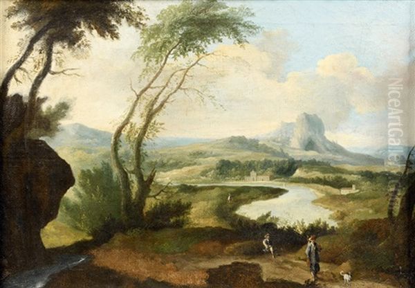 Paysage Fluvial Anime, Un Chasseur Et Son Chien Au Premier Plan - view 1