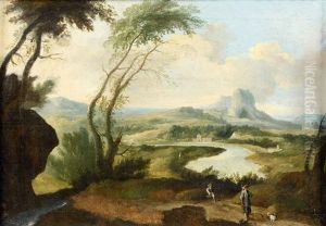 Paysage Fluvial Anime, Un Chasseur Et Son Chien Au Premier Plan by Evrard Chauveau
