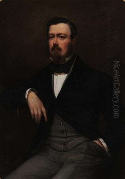 A Woman Seated, Wearing A Blue Silk Satin, Lace Trimmed Gown; A Gentleman Seated, Wearing Gray Pants And Waistcoat (a Pair) - view 1