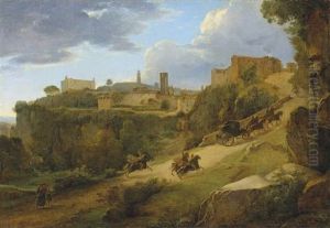 An Italianate Landscape With A Carriage Surrounded By Cuirassiers Entering Acquapendente