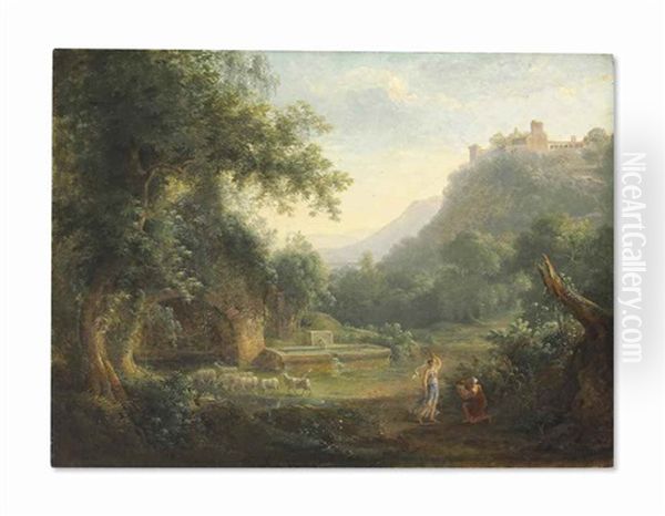 An Arcadian Landscape With Classical Figures And Sheep By A Pond, A Castle On A Hilltop Beyond - view 1