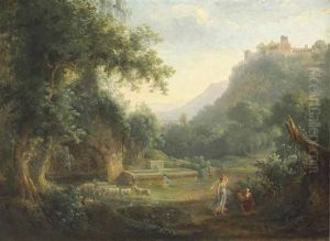 An Arcadian Landscape With Classical Figures And Sheep By A Pond, A Castle On A Hilltop Beyond