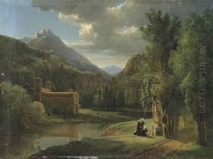Nonnes Priant Devant Une Chapelle, Une Eglise Et Des Montagnes A L'arriere-plan
