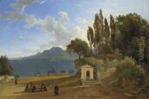 Monks Before Lake Nemi, Italy by Pierre Athanase Chauvin