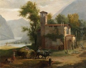 Vue D'une Chapelle Au Bord D'un Lac by Pierre Athanase Chauvin