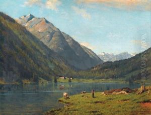 Gebirgssee Mit Schaferin Und Kuhen