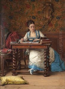 Woman Copying From A Book In An Ornate Interior by Victor Joseph Chavet