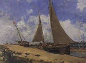 Fischerboot Am Strand Von Trouville by Victor Joseph Chavet
