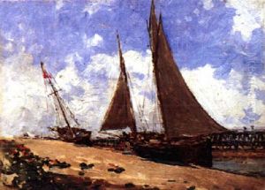 Strand Mit Segelschiffen Unter Leicht Bewolktem Himmel Strand Mit Segelschiffen Unter Leicht Bewolktem Himmel