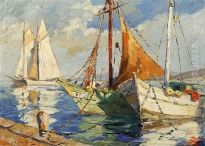 Boats In A Mediterranean Harbour by Georges Chavignaud