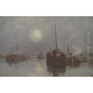 Harbour In Moonlight by Georges Chavignaud