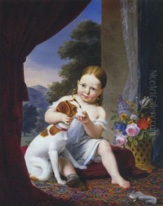 Portrait De Fillette Assise Tenant La Tete De Son Petit Chien Dans Ses Bras by Antoine Chazal