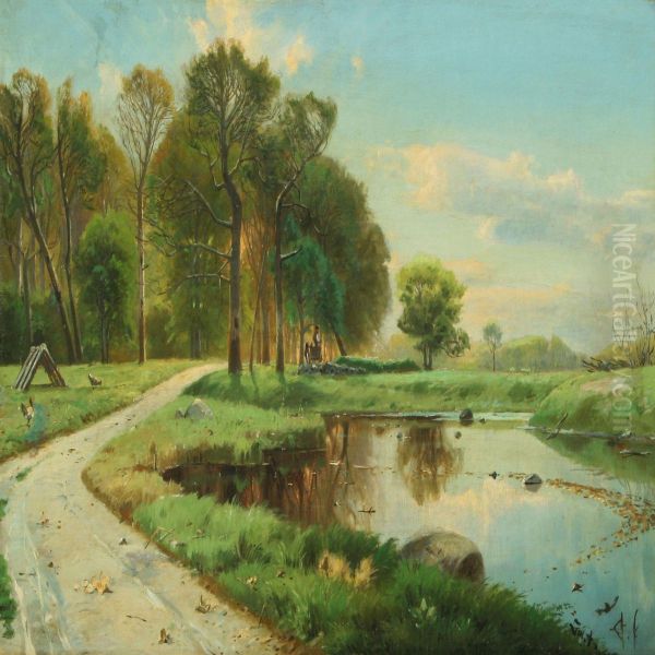 Forest With Cart Ona Path Along A Lake - view 1