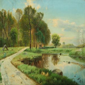 Forest With Cart On A Path Along A Lake by Julius Andersen