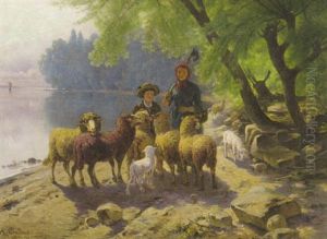 Hirtin Und Huterbub Mit Ihrer Schafherde Am Seeufer