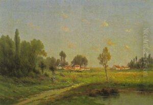 Sommerlandschaft Mit Einem Weiher Vorne Rechts Und Links Einer Bauerin Bei Der Feldarbeit