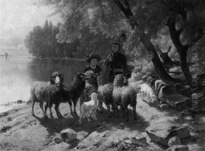 Hirtin Mit Ihrem Sohn Und Der Schafherde Am Seeufer