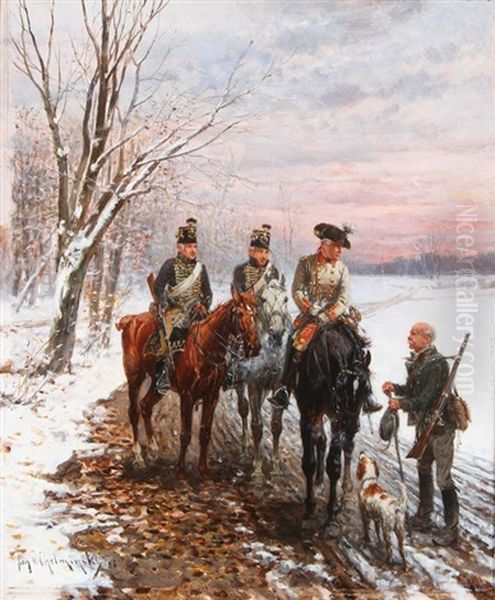 Hussars Questioning A Hunter In A Winter Landscape - view 1