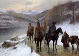 Mounted Soldiers Meeting A Friar On A Snowy Road