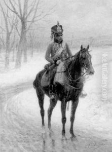 Officer On Horseback In A Winter Landscape by Jan van Chelminski