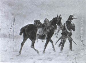 Kavallerist Mit Pferd In Winterlandschaft
