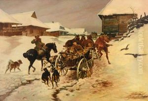 Carts Going Thru A Village In Winter by Josef Chelmonski