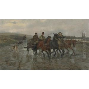 Four Horse Wagon On A Rainy Day by Josef Chelmonski