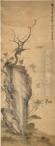 Garden Rock With Flowers And Insects by Chen Hongshou