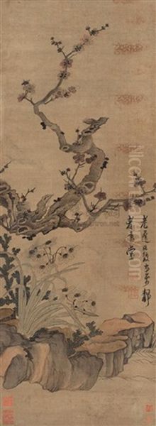 Plum Blossoms, Rocks And And Narcissus - view 1