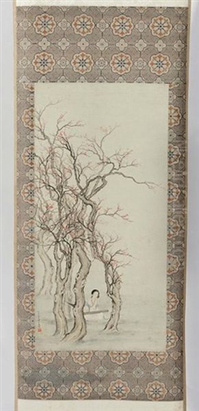 Lady Playing A Lute Under A Pink Blossom Tree - view 1