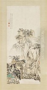 Mountainous Landscape, With Pine Trees And A Pathway Through The Craggy Cliffs by Chen Shaomei
