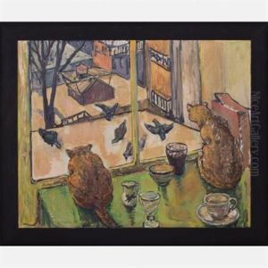 Two Pinckey St. Cats/pigeons On The Roof Aloof by Russell Cheney