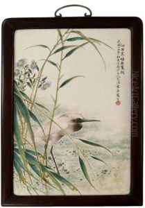 A Chinese Porcelain Plaque Painted With Heron, Wading In Water, With Grasses And Flowers A Chinese Porcelain Plaque Painted With Heron, Wading In Water, With Grasses And Flowers