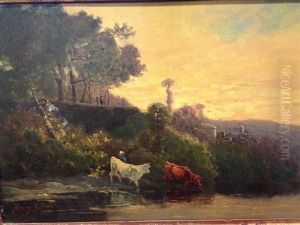 Vaches Au Bord Du Fleuve by Augustin Pierre Bienvenue Chenu