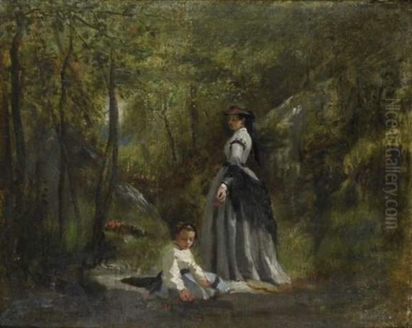 Femme Et Son Enfant Dans Un Sous Bois - view 1