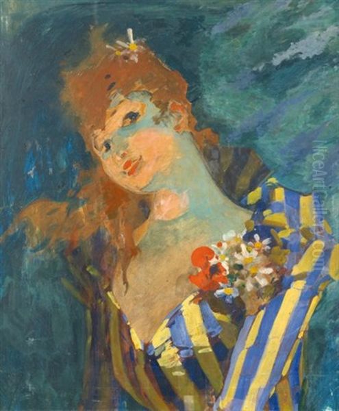 Jeune Femme A La Robe Rayee Et Bouquet De Fleurs A La Boutonniere - view 1
