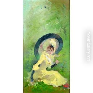 Jeune Fille A L'ombrelle Japonaise (+ Chateau En Ruines, Study; Verso) by Jules Cheret