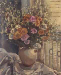 Vase Of Flowers By A Balcony by Georges Cherkesov