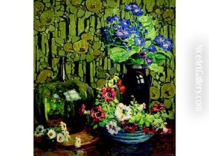 Floral Still Life With Bachelor's Buttons, Petunias And Zinnias In Glass Floral Still Life With Bachelor's Buttons, Petunias And Zinnias In Glass