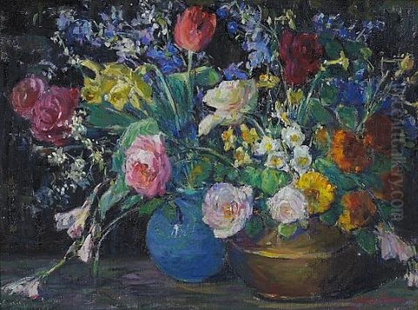 A Still Life With Roses, Daffodils And Other Flowers In Two Vases - view 1