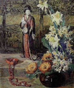 Still Life With Asian Figurine And Vase Of Flowers